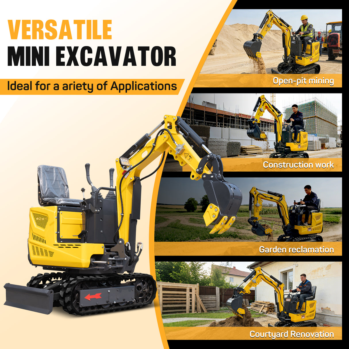 MMS 0.6 Ton Mini Excavator, 9.25HP 302cc Gasoline Engine Swing Boom Trencher Digger Machine, MS06 with Attachment Kit