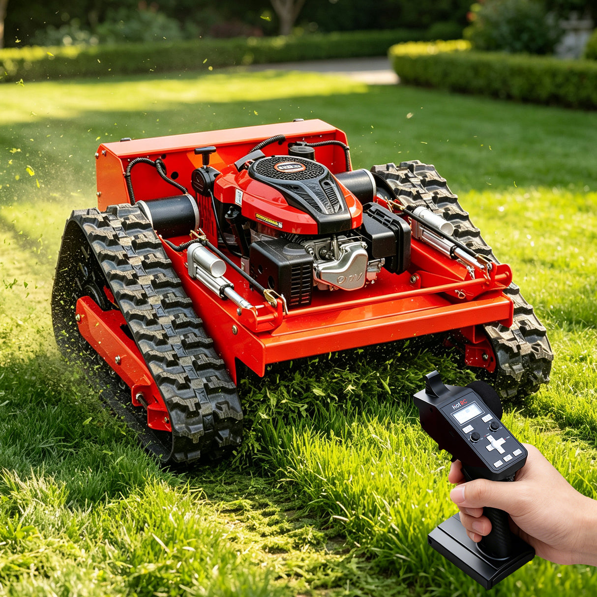 MMS Remote Control Lawn Mower With 9HP Gas Engine, 21.65In/550mm Automatic Robotic Track Lawn Mower ,Adjustable Height 0.79-5.9 Inches, Track Design,All-Terrain for Steep Slopes Tall Grass Large Lawn