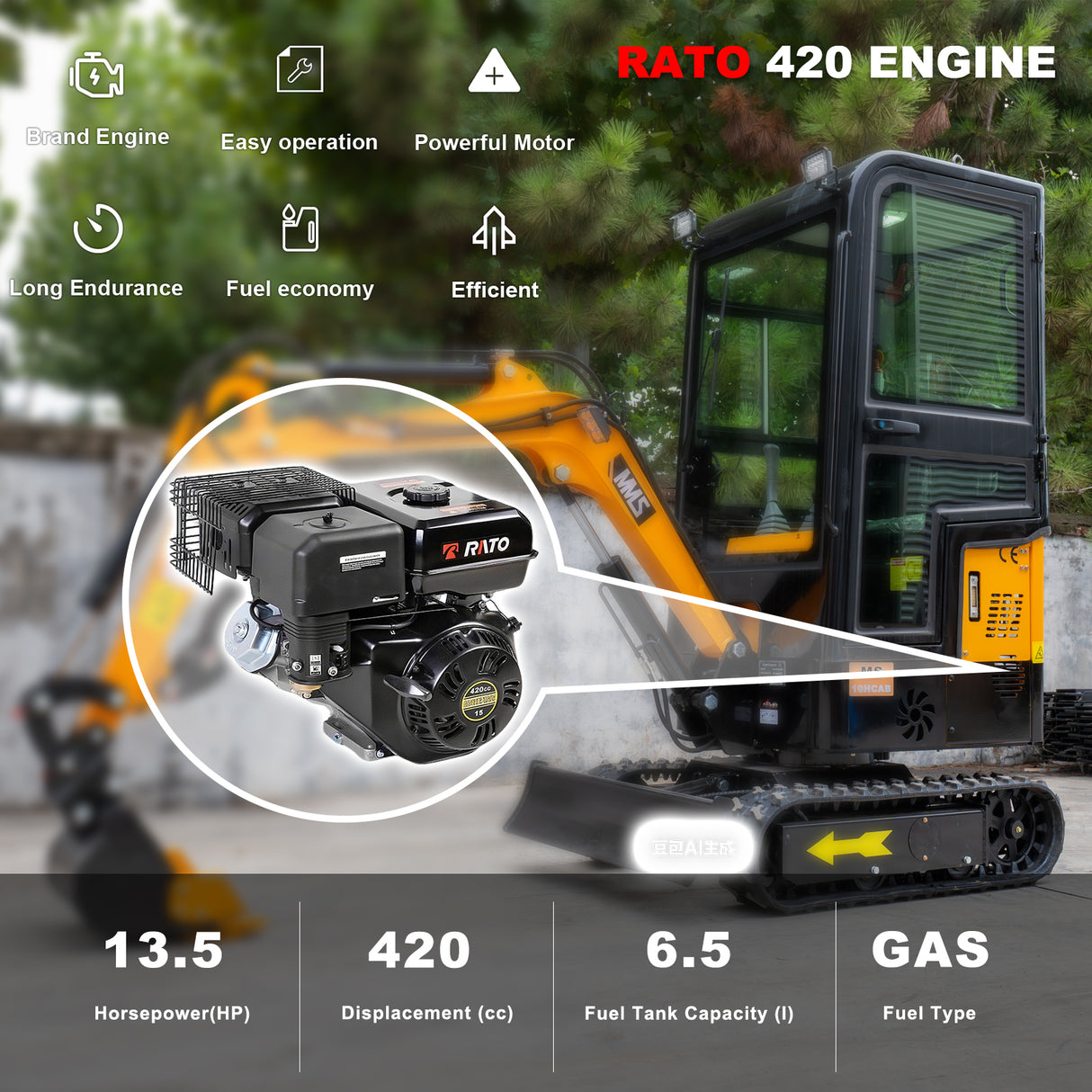 13.5HP Mini Excavator With EPA GAS Engine Crawler Hydraulic 1 Ton Small Digger Enclosed Cab Excavator for Construction Work Gardens and Farm