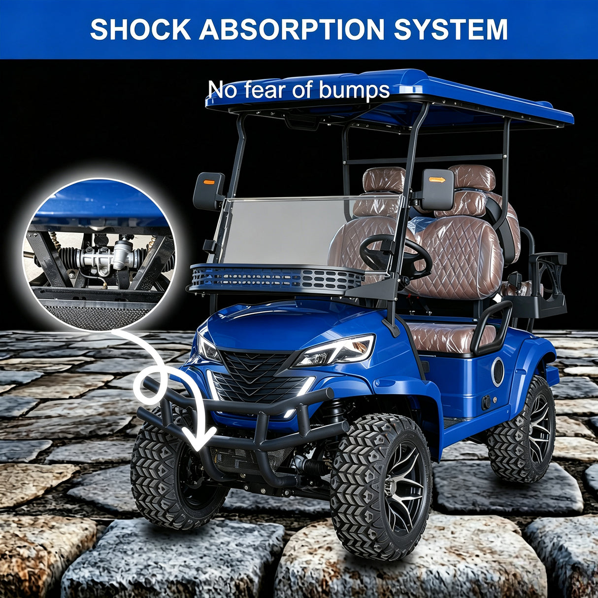 MMS 4P 60V Electric Golf Cart with 5KW Motor, 20 MPH Top Speed, 44 Miles Range, Ages 16 and Up, Reversing Radar, Advanced Suspension, Rear &Front Storage, LCD Display-Blue