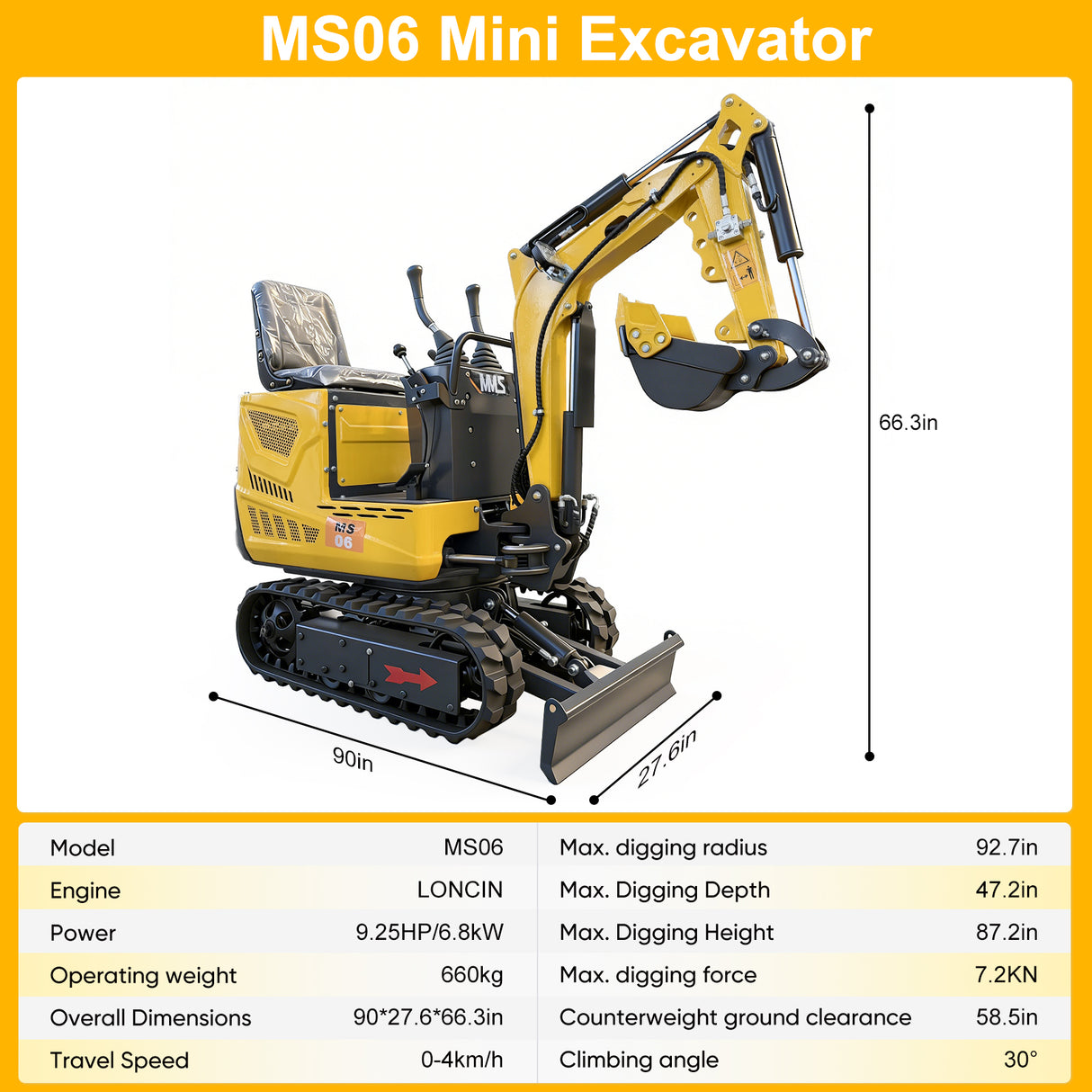 MMS 0.6 Ton Mini Excavator, 9.25HP 302cc Gasoline Engine Swing Boom Trencher Digger Machine, MS06 with Attachment Kit