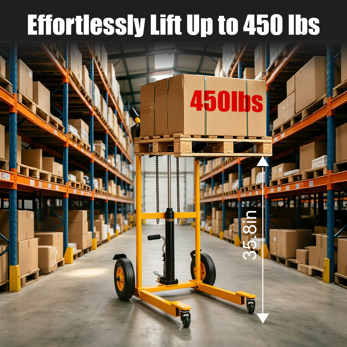MMS 450 lbs Foldable Hydraulic Material Lift Winch Stacker Forks, Dual-Side Foot-Powered Assist, 35.8" Max Lift Height, Removable Platform, Pallet Truck Dolly, 360° Swivel Caste