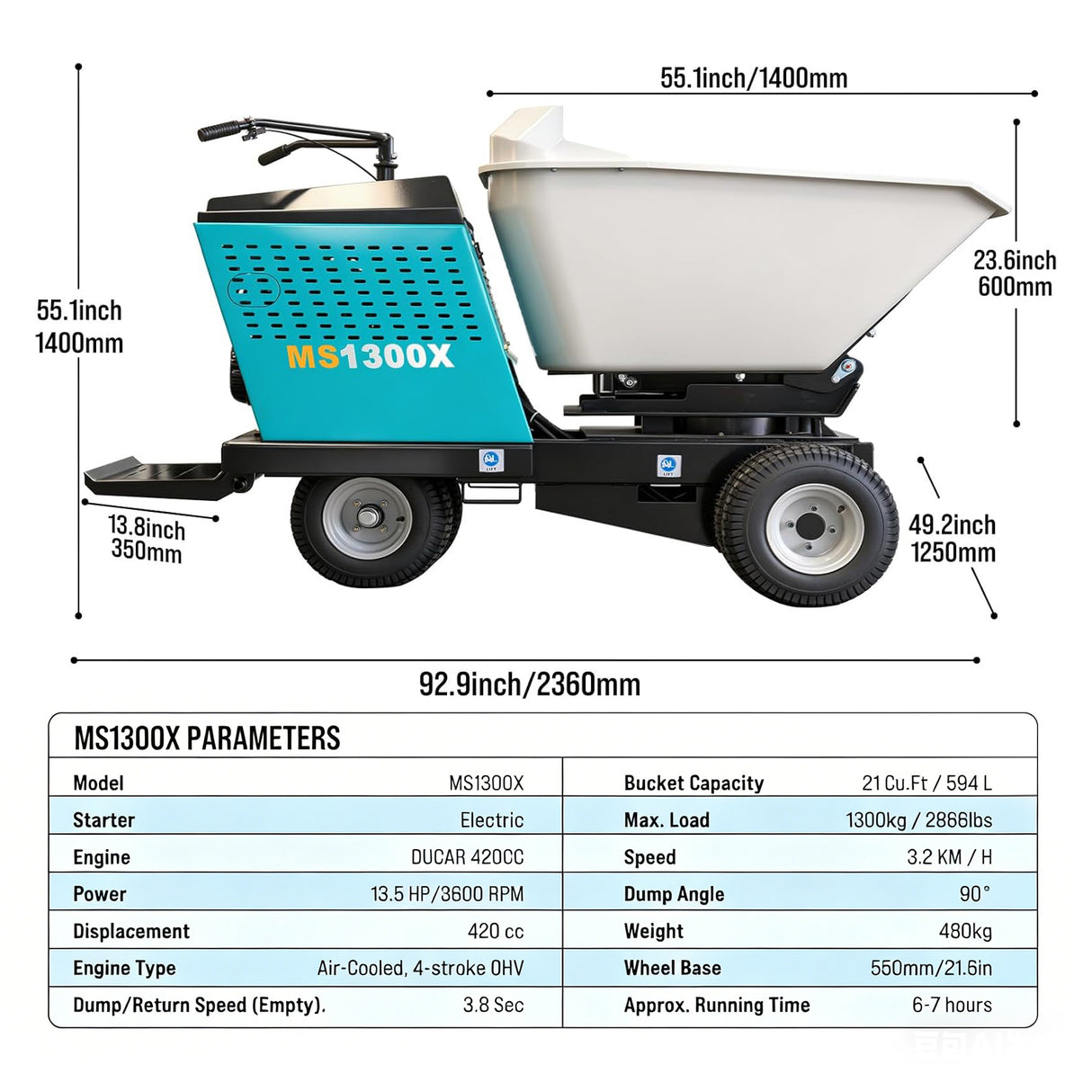 MMS 2866Lbs Heavy Duty Dump Cart 21 Cu.Ft Bucket, 13.5HP 420cc E-Start Power Wheelbarrow, 180° Swing 90° Dump Angle for Farm Landscaping Construction