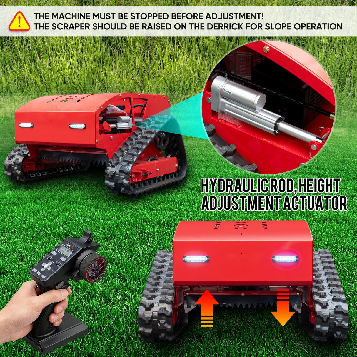 MMS Remote Control Track 21.65" Lawn Mower With 9HP 224cc Gas Engine, One-Hand Control Remote, Adjustable Cutting Height Robotic Lawn Mower for Slopes, Orchards & Commercial Landscaping