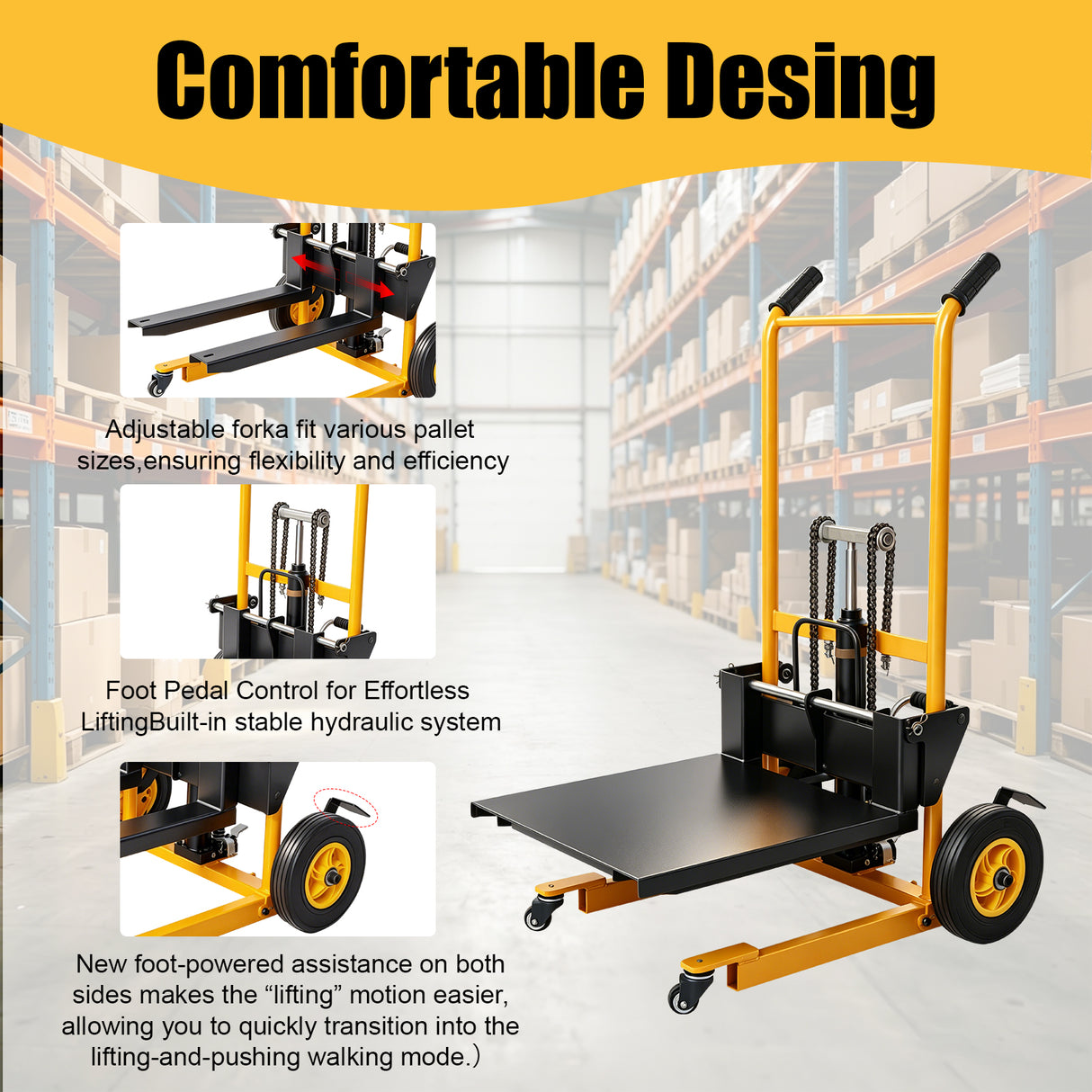 MMS 450 lbs Foldable Hydraulic Material Lift Winch Stacker Forks, Dual-Side Foot-Powered Assist, 35.8" Max Lift Height, Removable Platform, Pallet Truck Dolly, 360° Swivel Caste