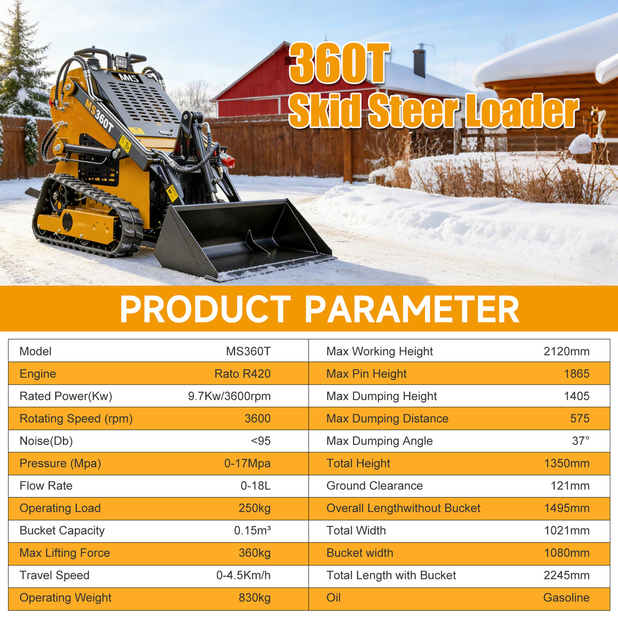 MMS New Mini Skid Steer Loader MS360T, 13.5HP 420cc RATO GAS Engine Stand-on Crawler Loader, Foldable Pedals Track Loader