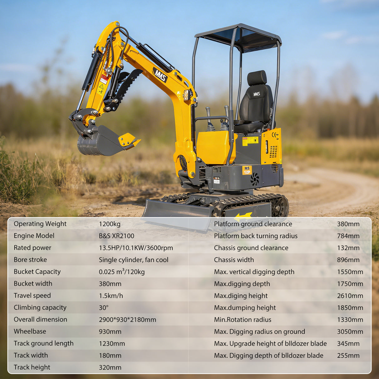 MMS 1.2 Ton Pro Mini Excavator, 13.5HP B&S EPA Gas Engine, Swing Boom, Adjustable Seat, Hydraulic Thumb, Safety Light, MS12P with Grabber, Quick Hitch and Skeleton Bucket