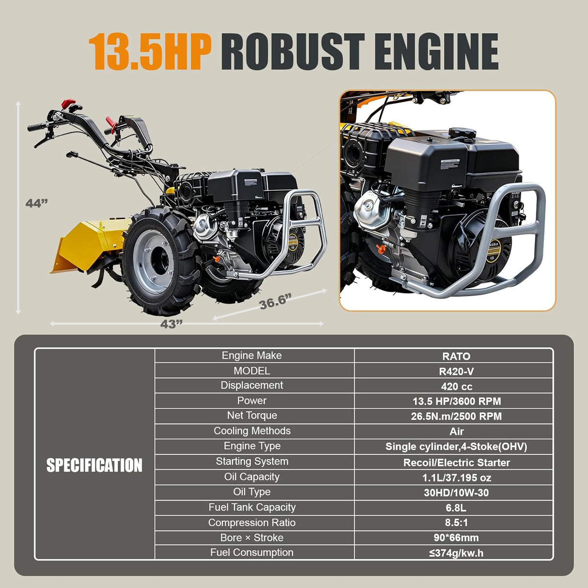 MMS 26'' Rear Tine Tiller Cultivator, 13.5HP 420CC Tractor Rototiller Dual Direction Full Gear Transmission Replaceable Module