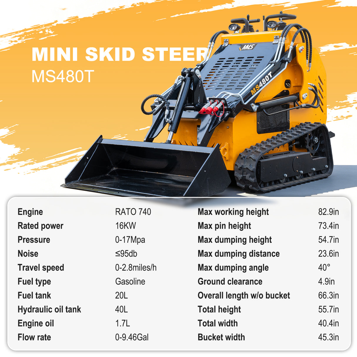 MMS 23HP Mini Skid Steer Loader, 739cc Gaslione Engine, Triple Pumps Triple Vavles, Stand On Track Loader with Bucket MS480T