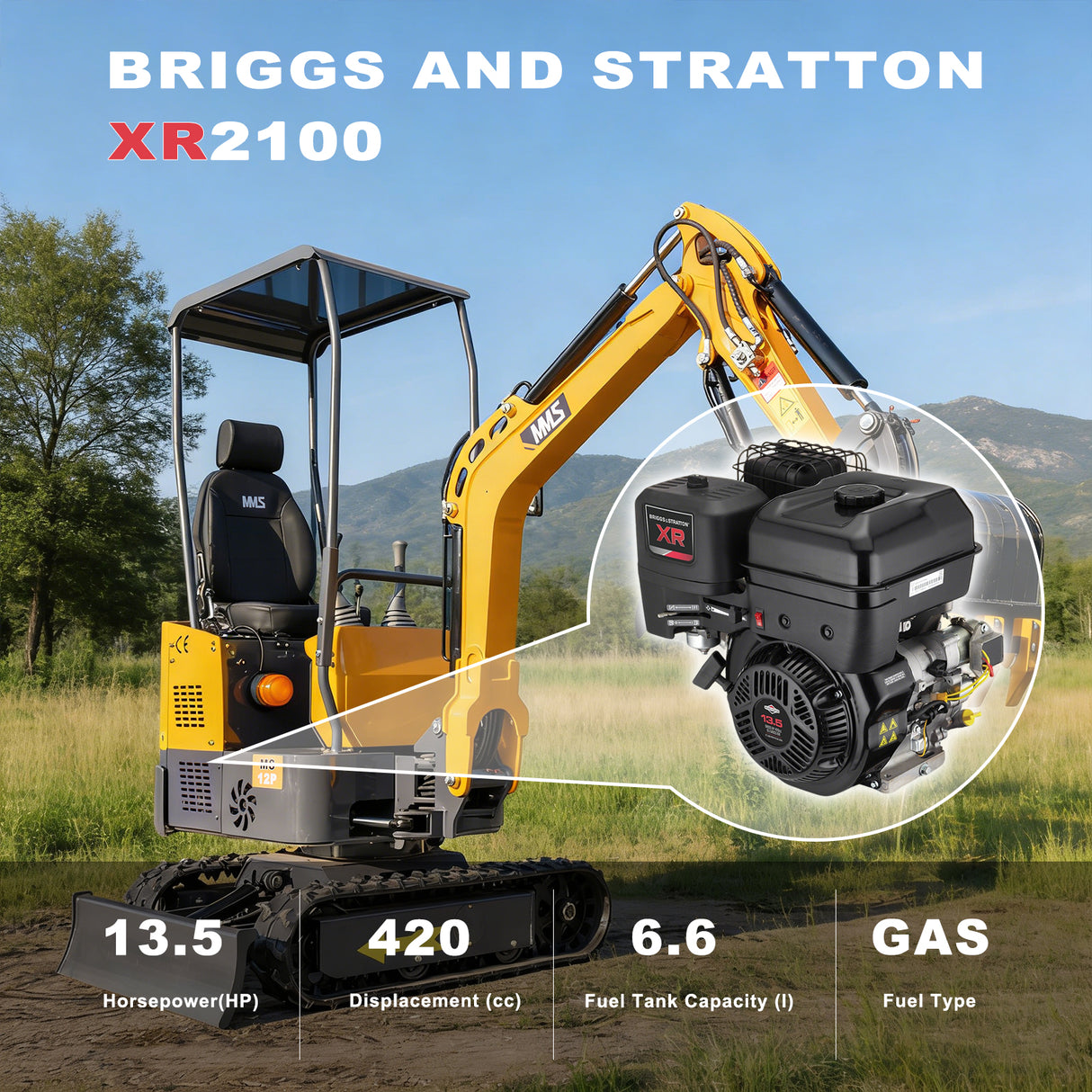 MMS 1.2 Ton Pro Mini Excavator, 13.5HP B&S EPA Gas Engine, Swing Boom, Adjustable Seat, Hydraulic Thumb, Safety Light, MS12P with Grabber, Quick Hitch and Skeleton Bucket