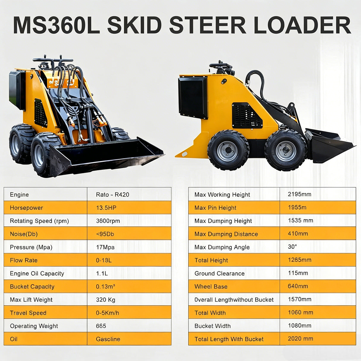 MMS Mini Skid Steer Loader 13.5HP 420CC EPA RATO Gas Engine Compact Wheel Loader MS360L