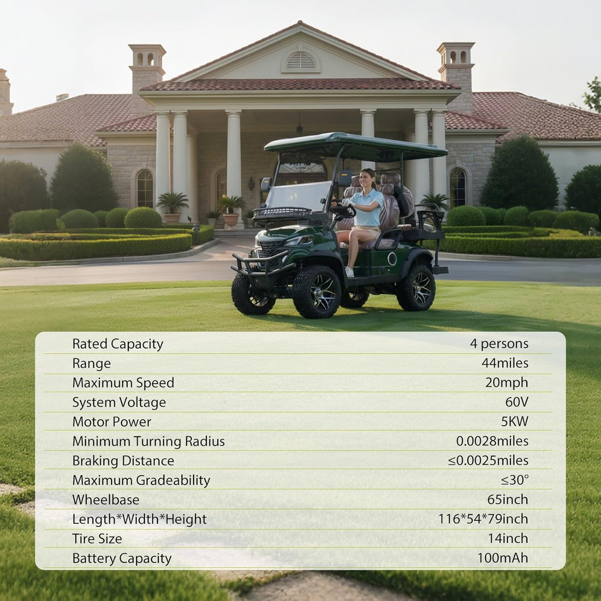 MMS 60V Electric Golf Cart, 4P Vehicle with 5KW Motor, 20 MPH Top Speed 44 Miles Range, Ages 16 and Up, Advanced Suspension, Rear &Front Storage, LCD Display