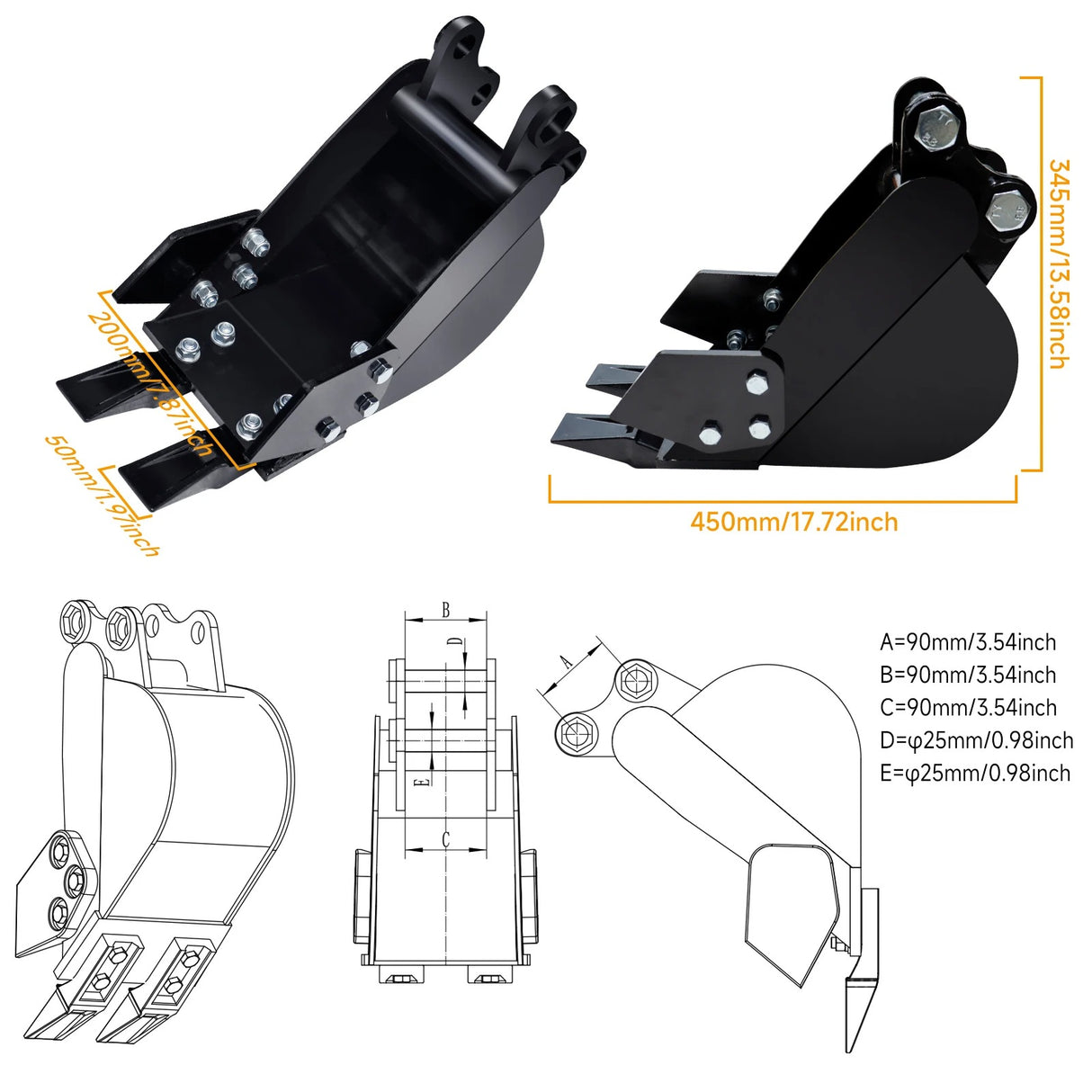 Mini Excavator Bucket 7.78in Excavator Attachments,MMS 200mm Narrow Digging Buckets, Hole Diameter 0.98in, Center Wheelbase 3.54in, with Metal Teeth