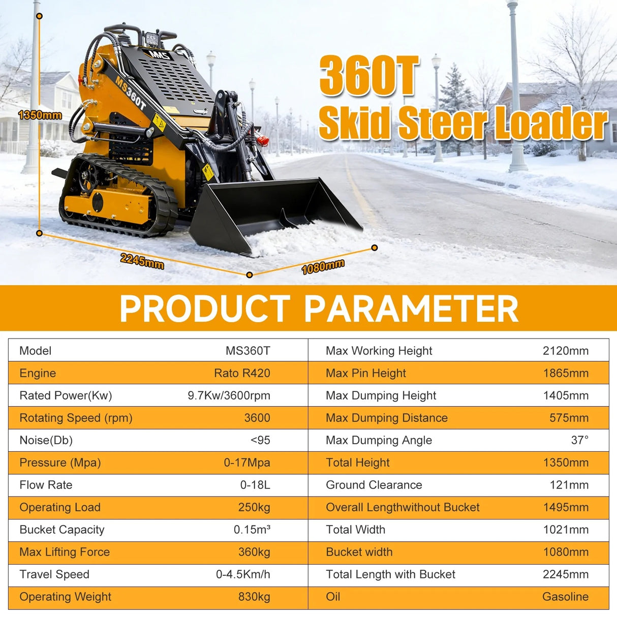 MMS New Mini Skid Steer Loader MS360T, 13.5HP 420cc RATO GAS Engine Stand-on Crawler Loader, Foldable Pedals Track Loader
