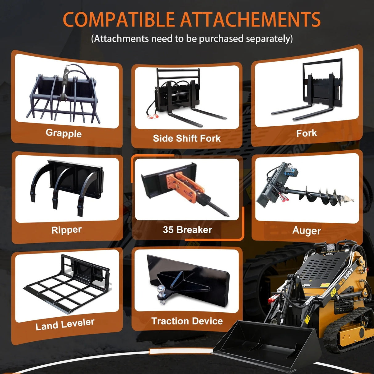 MMS New Mini Skid Steer Loader MS360T, 13.5HP 420cc RATO GAS Engine Stand-on Crawler Loader, Foldable Pedals Track Loader