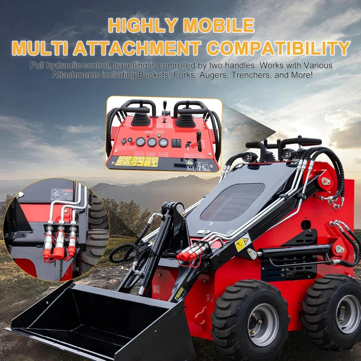 Mini Wheel Skid Steer Loader, 22HP Stand-on Skid Steer Loader with Extra 12" Backhoe Straight Digger Bucket, EPA Gasoline Engine, for Warehouses, Engineering, Farms, Gardens and Parks