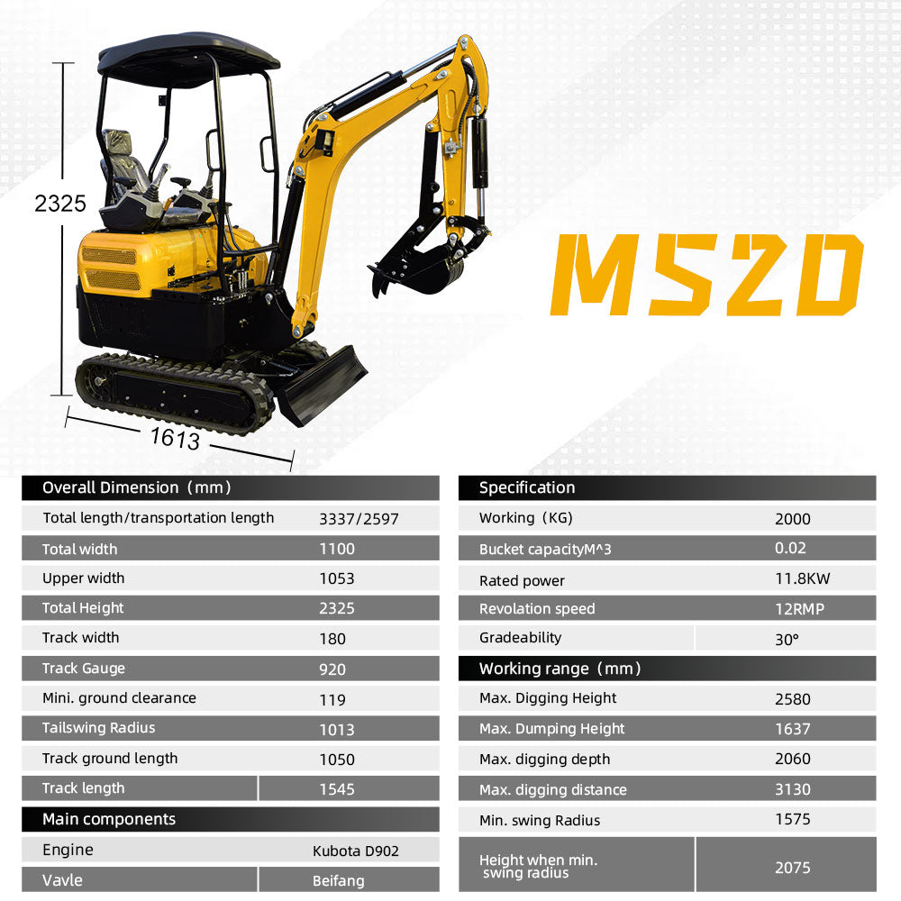 MMS 2 Tons Mini Excavator 16HP Kubota Diesel Engine Hydraulic Pilot Control Crawler Trencher Digger