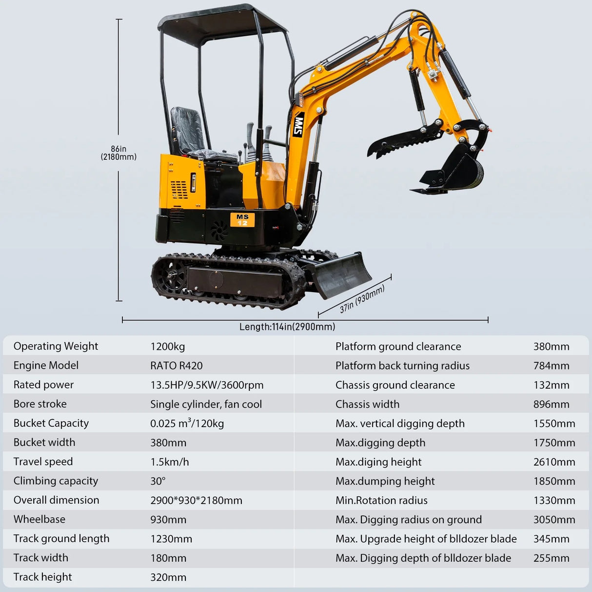 MMS 1.2 Ton Mini Excavator MS12 Crawler Trencher Digger Machine with 13.5HP Gas Engine with Quick Hitch Skeleton Shovel