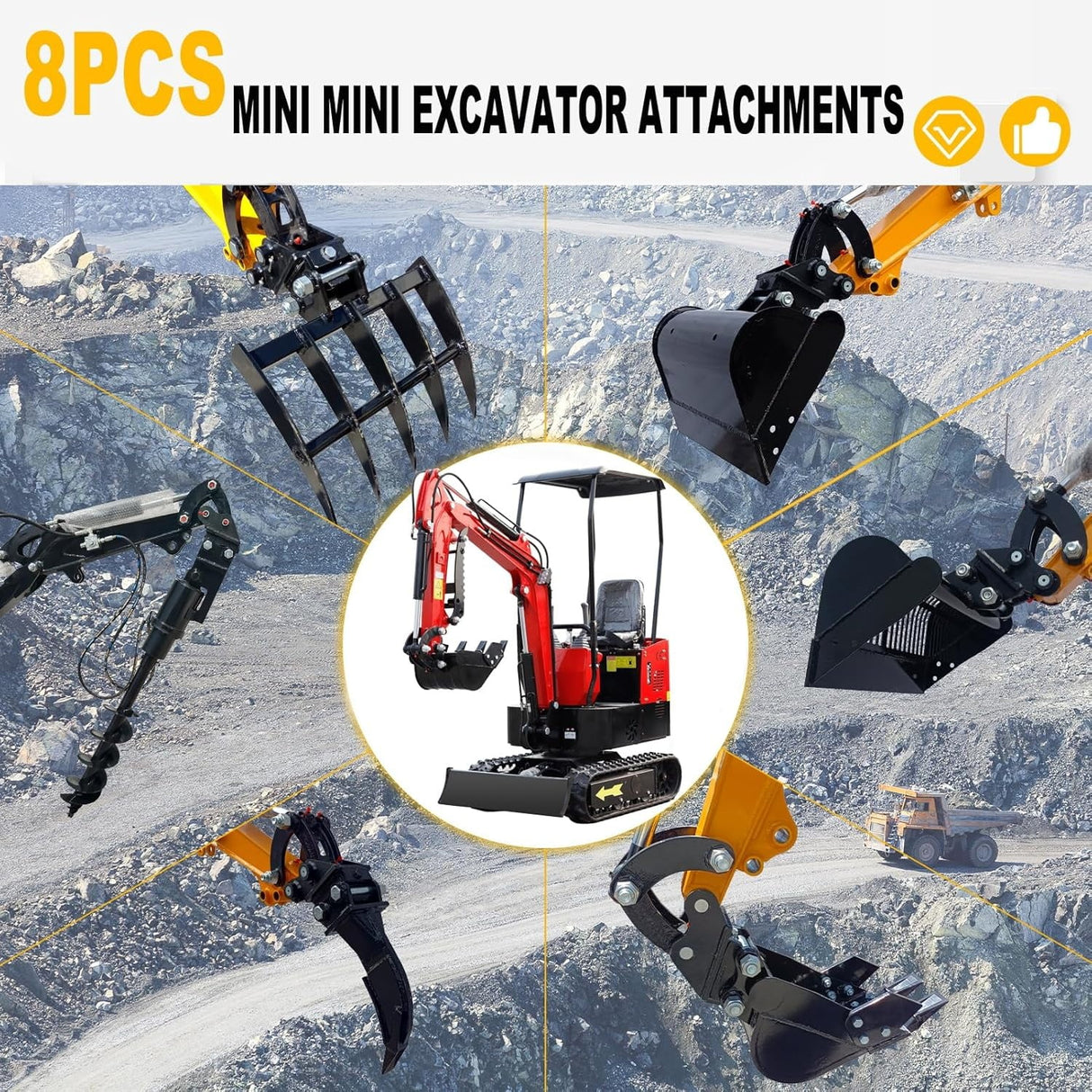 8pcs Mini Excavator Attachments Narrow Bucket, Ripper, Rake Auger, Grapple, Quick Hitch, Screening Bucket Excavator Accessories Kit