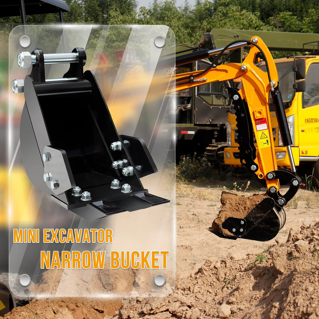 Mini Excavator Bucket 7.78in Excavator Attachments,MMS 200mm Narrow Digging Buckets, Hole Diameter 0.98in, Center Wheelbase 3.54in, with Metal Teeth