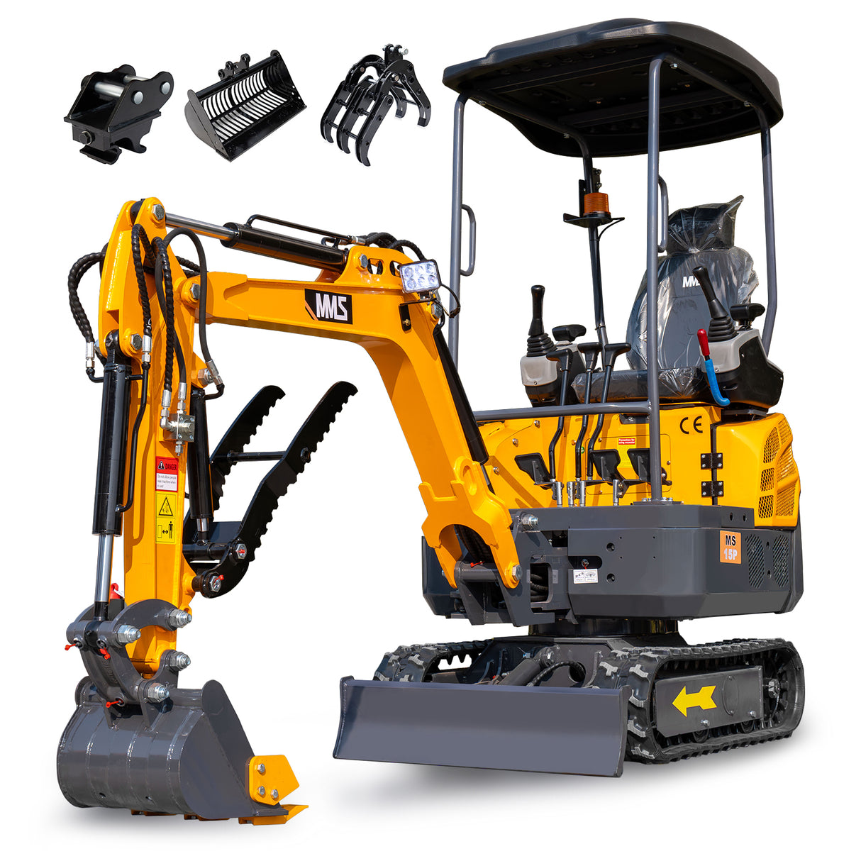 MMS 1.5 Ton Mini Excavator 13.5HP B&S EPA Gas Engine, Swing Boom, Hydraulic Pilot Control, Adjustable Seat, Safety Light, MS15P with Skeleton Buckets, Quick Hitch and Grabber