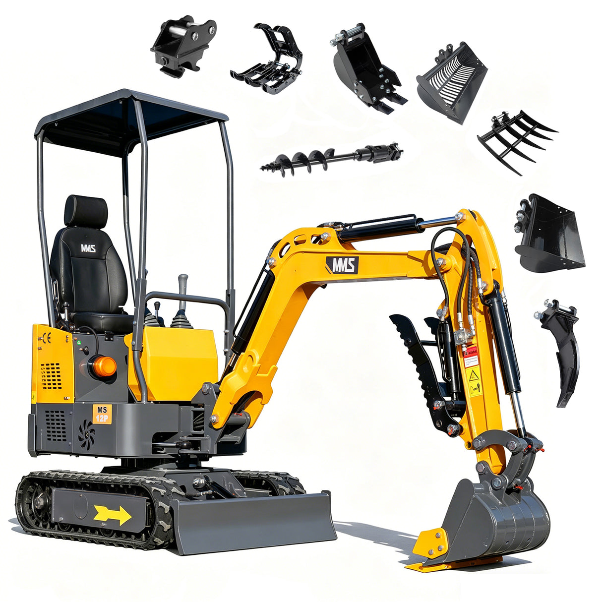 MMS 1.2 Ton Pro Mini Excavator with 8pcs Attachment Kit, 13.5HP B&S EPA Gas Engine, Swing Boom, Adjustable Seat, Safety Light, MS12P Trencher Digging Machine