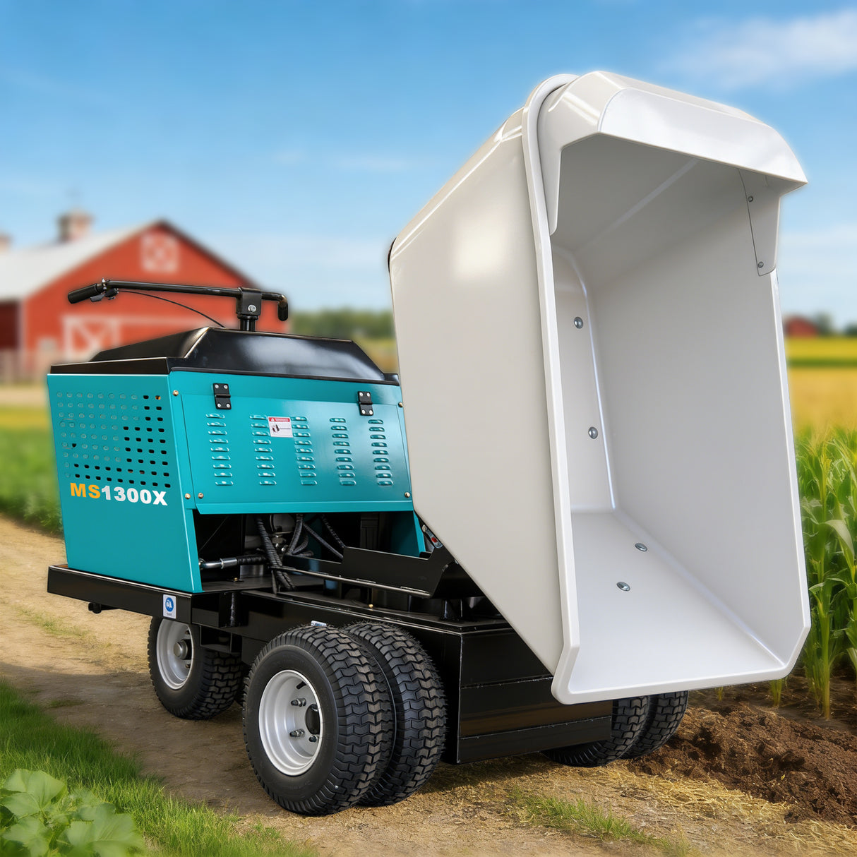MMS 2866Lbs Heavy Duty Dump Cart 21 Cu.Ft Bucket, 13.5HP 420cc E-Start Power Wheelbarrow, 180° Swing 90° Dump Angle for Farm Landscaping Construction