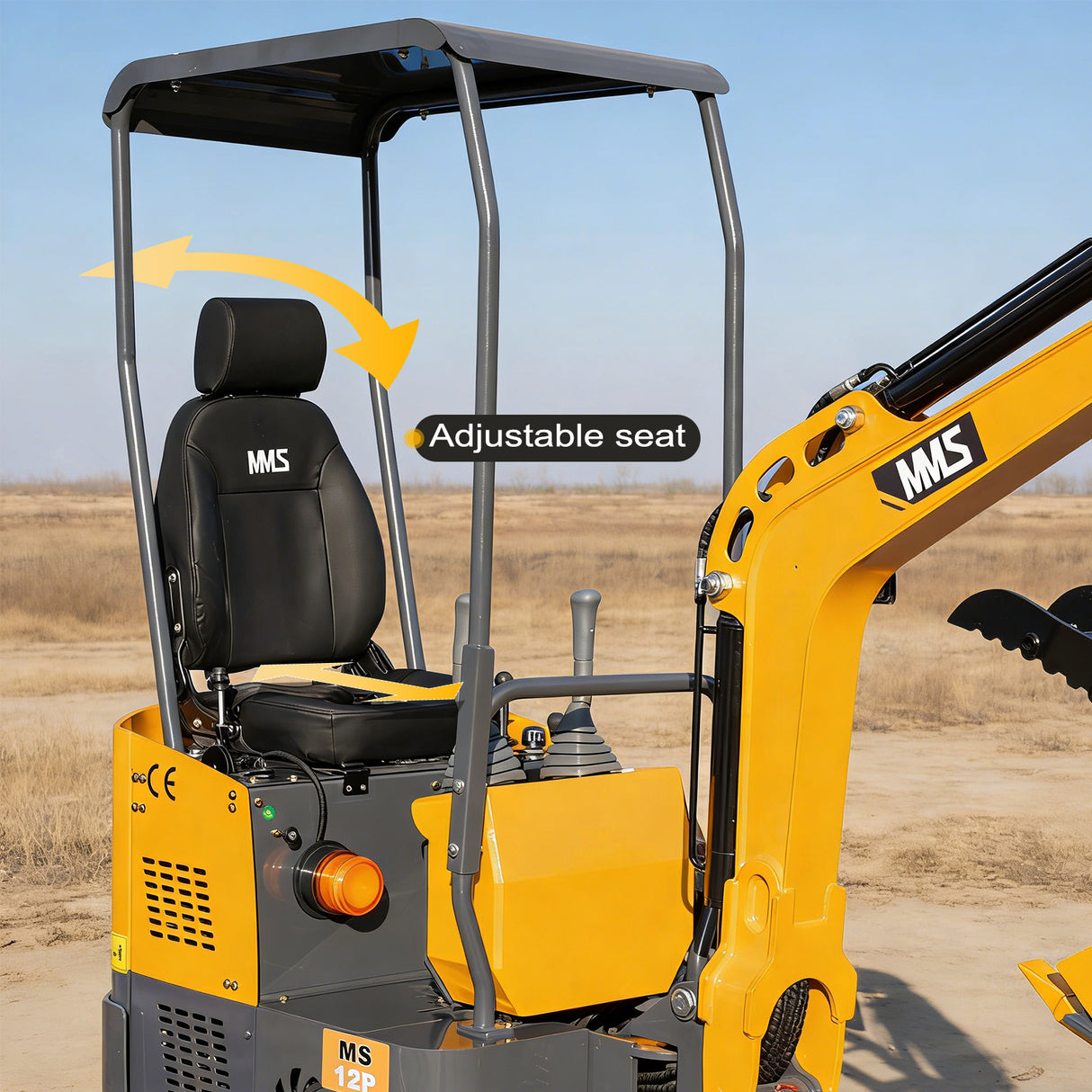 MMS 1.2 Ton Pro Mini Excavator, 13.5HP B&S EPA Gas Engine, Swing Boom, Adjustable Seat, Hydraulic Thumb, Safety Light, MS12P with Grabber, Quick Hitch and Skeleton Bucket