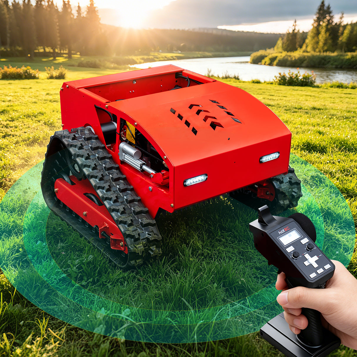 MMS Remote Control Track 21.65" Lawn Mower With 9HP 224cc Gas Engine, One-Hand Control Remote， Adjustable Cutting Height Robotic Lawn Mower for Slopes, Orchards & Commercial Landscaping