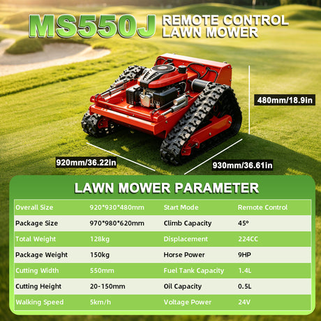 MMS Remote Control Lawn Mower With 9HP Gas Engine, 21.65In/550mm Automatic Robotic Track Lawn Mower ，Adjustable Height 0.79-5.9 Inches, Track Design,All-Terrain for Steep Slopes Tall Grass Large Lawn