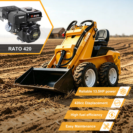 MMS Ride-on Mini Skid Steer Loader, 13.5HP 420CC RATO Gasoline Engine, MS950W Wheel Loader for Farms Landscaping