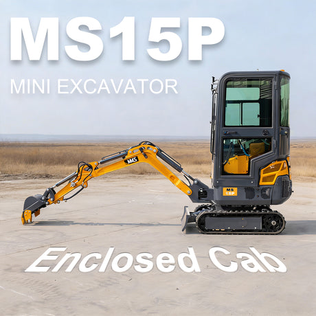 MMS 1.5 Ton Mini Excavator 13.5HP B&S EPA Gas Engine, Swing Boom, Hydraulic Pilot Control, Enclosed Cab, Adjustable Seat, Safety Light