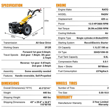 MMS 13.5HP Self-Propelled Tractor, Electric Start 420cc Gas Powered Dual Direction Full Gear Transmission Tractor
