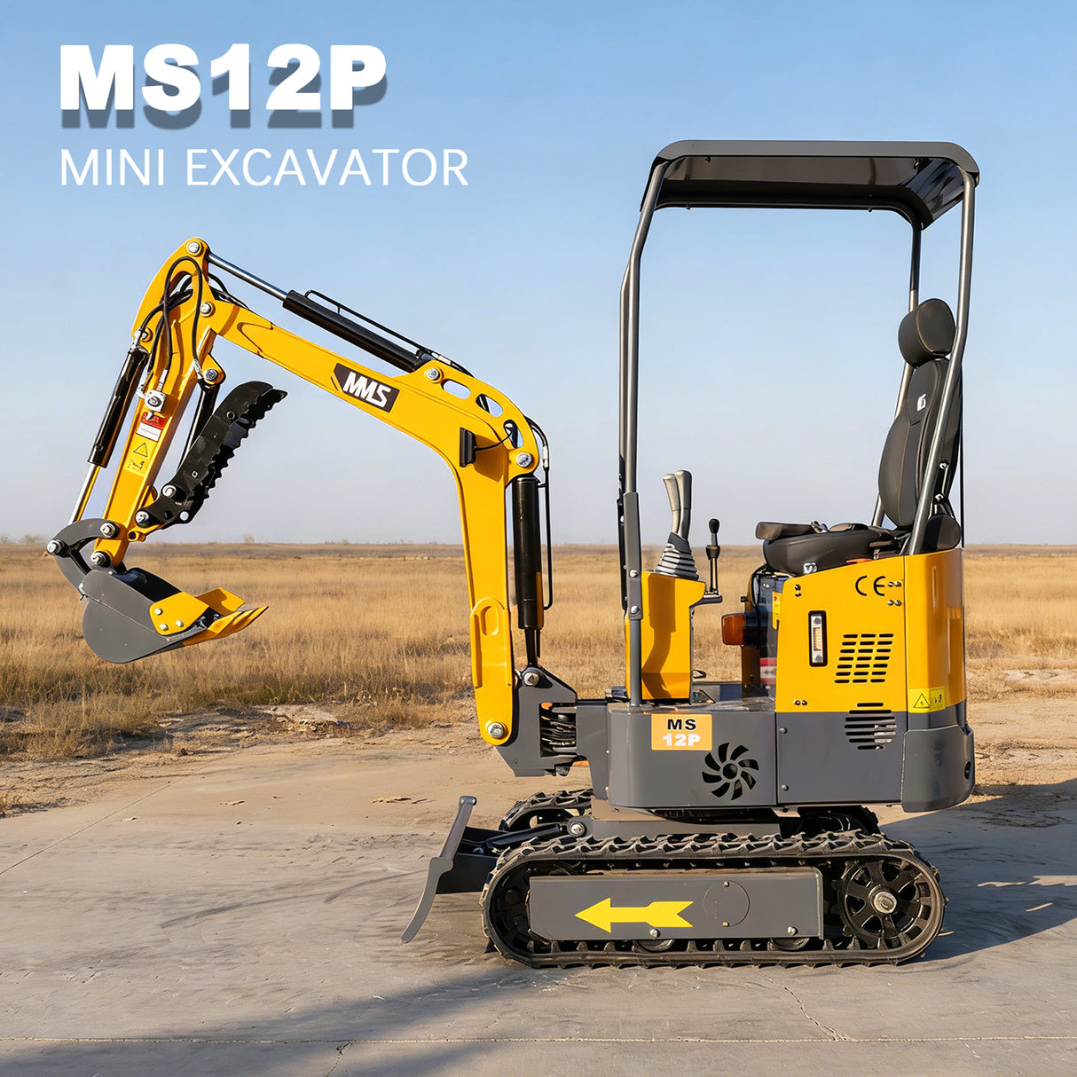 MMS 1.2 Ton Pro Mini Excavator, 13.5HP B&S EPA Gas Engine, Swing Boom, Adjustable Seat, Hydraulic Thumb, Safety Light, MS12P with Grabber, Quick Hitch and Skeleton Bucket