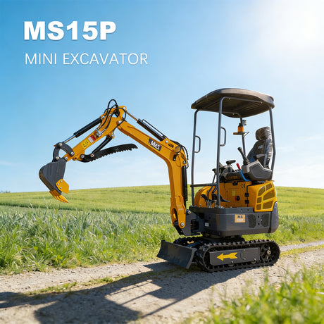 MMS 1.5 Ton Mini Excavator 13.5HP B&S EPA Gas Engine, Swing Boom, Hydraulic Pilot Control, Adjustable Seat, Safety Light, MS15P with Skeleton Buckets, Quick Hitch and Grabber
