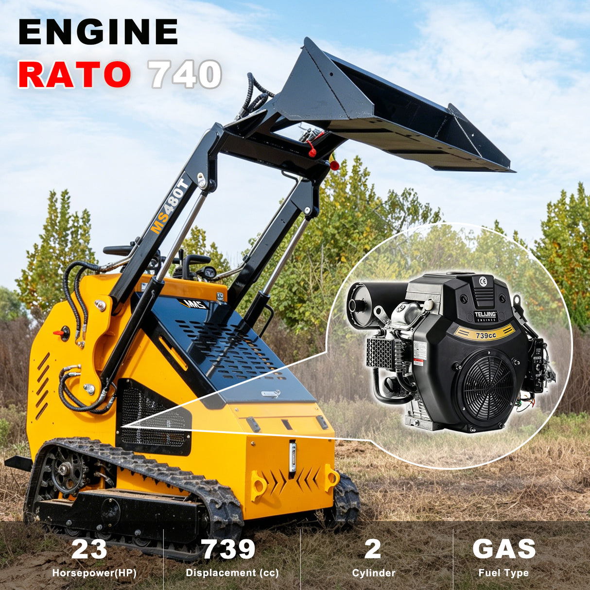 MMS 23HP Mini Skid Steer Loader, 739cc Gaslione Engine, Triple Pumps Triple Vavles, Stand On Track Loader with Bucket MS480T