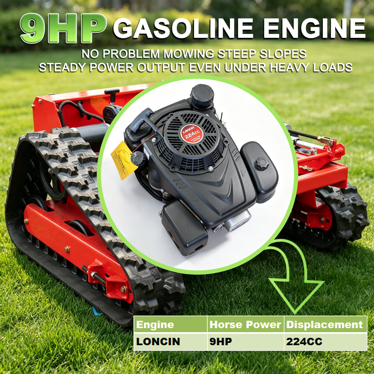 MMS Remote Control Lawn Mower With 9HP Gas Engine, 21.65In/550mm Automatic Robotic Track Lawn Mower ，Adjustable Height 0.79-5.9 Inches, Track Design,All-Terrain for Steep Slopes Tall Grass Large Lawn