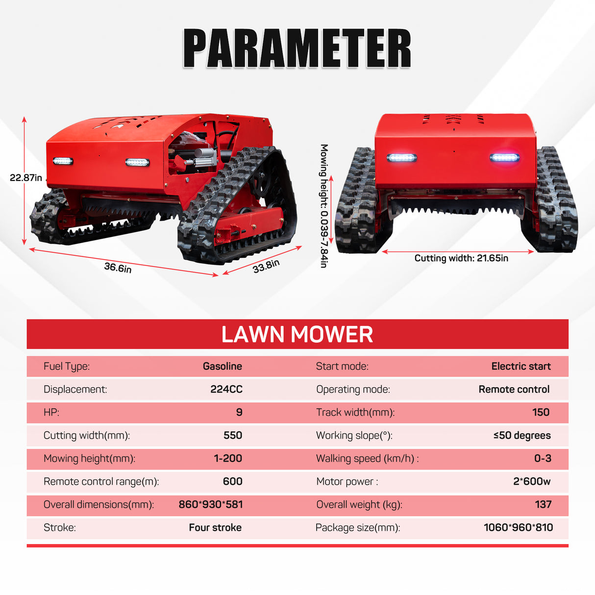 MMS Remote Control Track 21.65" Lawn Mower With 9HP 224cc Gas Engine, One-Hand Control Remote， Adjustable Cutting Height Robotic Lawn Mower for Slopes, Orchards & Commercial Landscaping