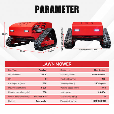 MMS Remote Control Track 21.65" Lawn Mower With 9HP 224cc Gas Engine, One-Hand Control Remote， Adjustable Cutting Height Robotic Lawn Mower for Slopes, Orchards & Commercial Landscaping