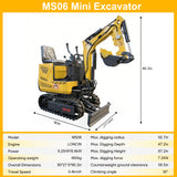 MMS 0.6 Ton Mini Excavator, 9.25HP 302cc Gasoline Engine Swing Boom Trencher Digger Machine, MS06 with Attachment Kit