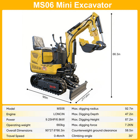 MMS 0.6 Ton Mini Excavator, 9.25HP 302cc Gasoline Engine Swing Boom Trencher Digger Machine, MS06 with Attachment Kit