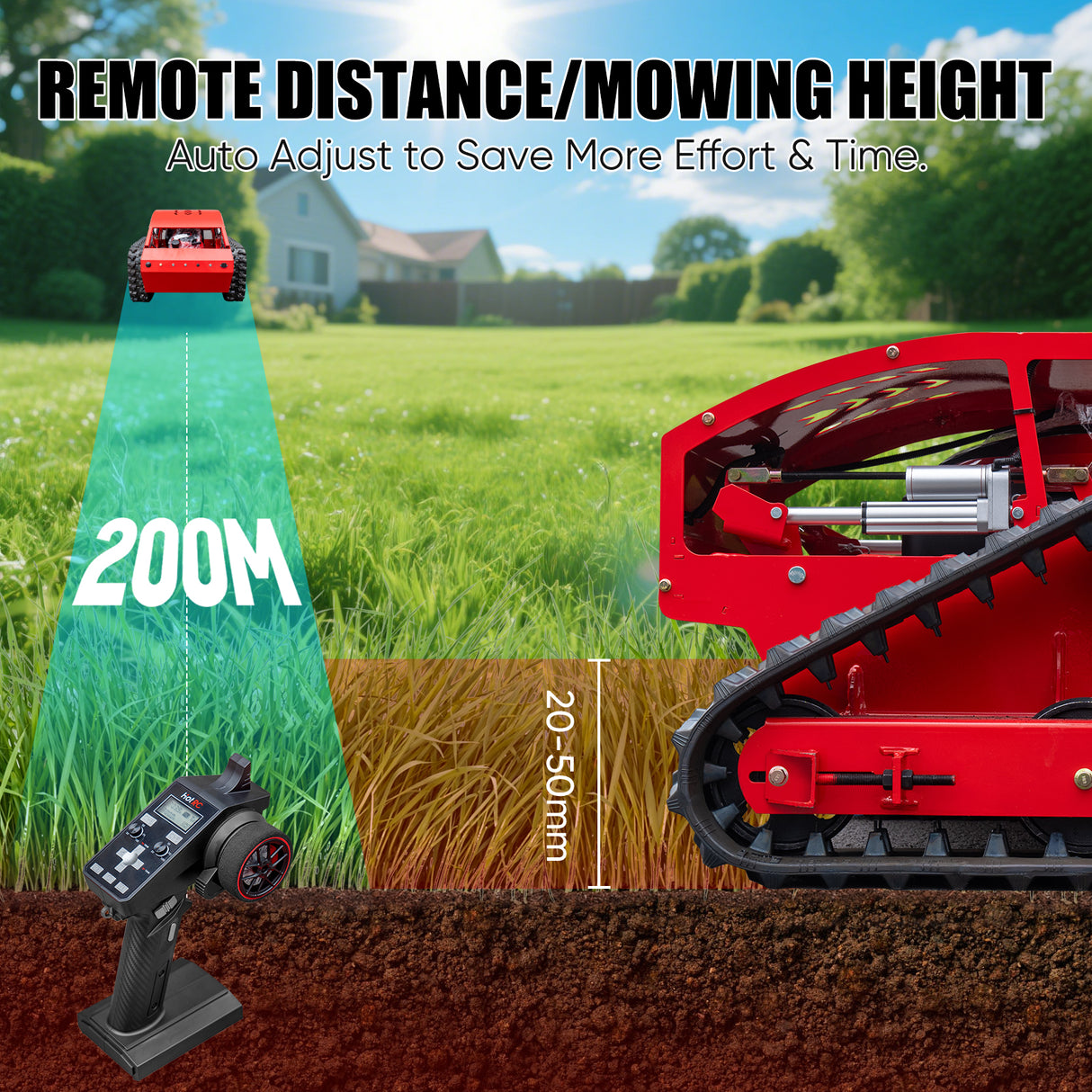 MMS Remote Control Track 21.65" Lawn Mower With 9HP 224cc Gas Engine, One-Hand Control Remote， Adjustable Cutting Height Robotic Lawn Mower for Slopes, Orchards & Commercial Landscaping