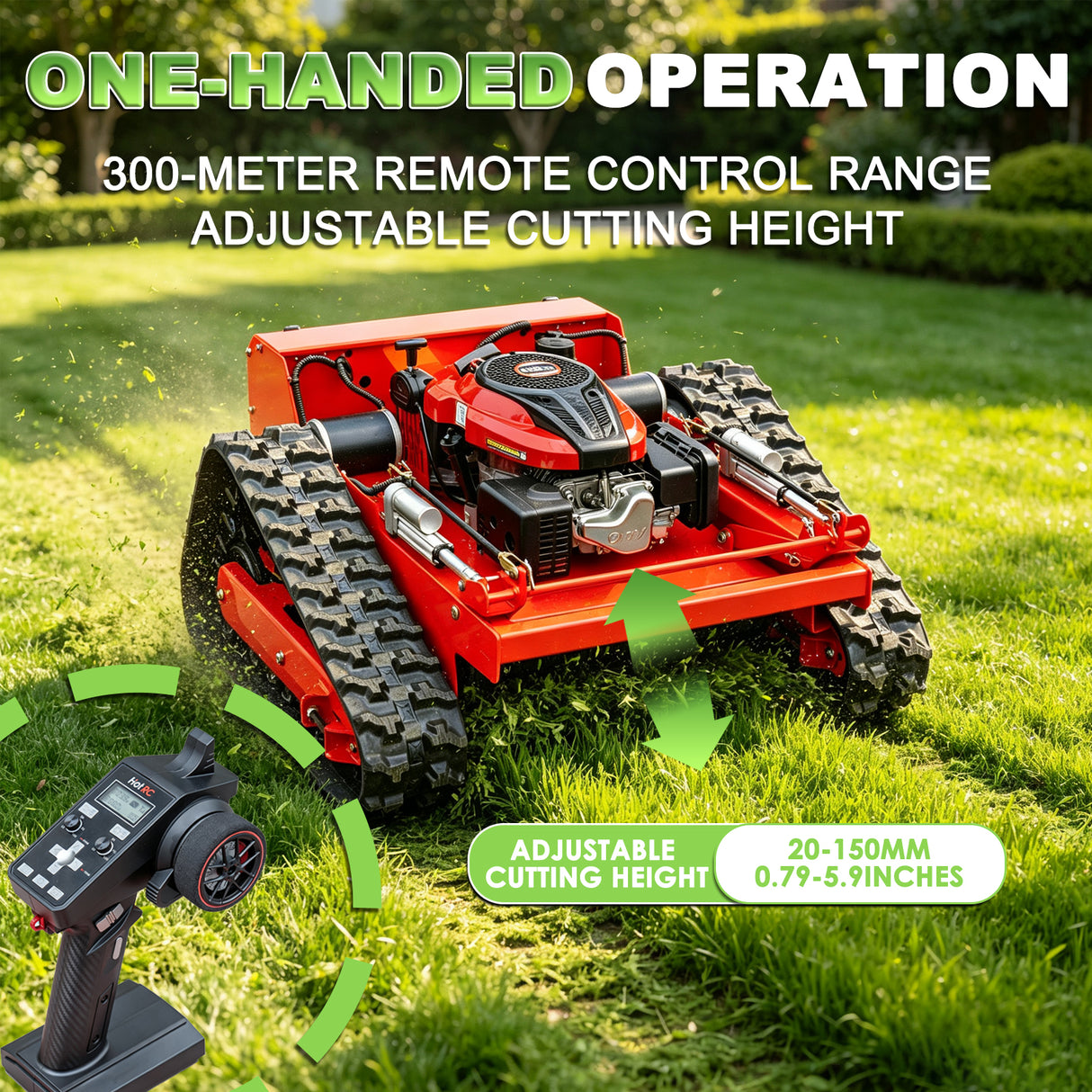 MMS Remote Control Lawn Mower With 9HP Gas Engine, 21.65In/550mm Automatic Robotic Track Lawn Mower ，Adjustable Height 0.79-5.9 Inches, Track Design,All-Terrain for Steep Slopes Tall Grass Large Lawn