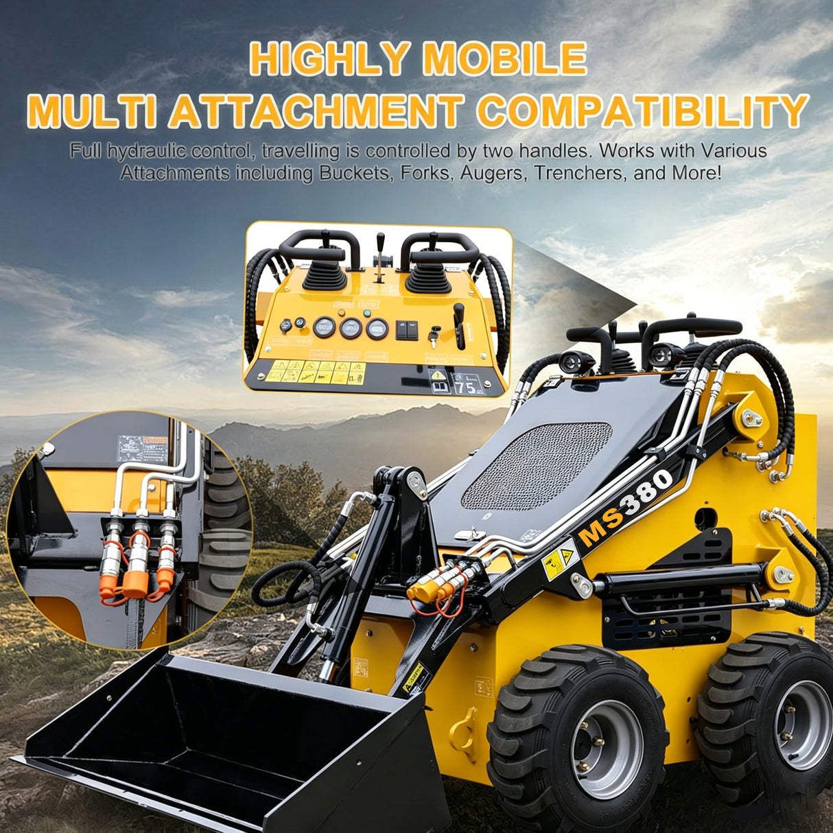 Mini Wheel Skid Steer Loader, 22HP Stand-on Skid Steer Loader with Bucket, EPA Gasoline Engine, Compact Multifunctional Loader for Warehouses, Engineering, Farms, Gardens and Parks