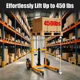 MMS 450 lbs Foldable Hydraulic Material Lift Winch Stacker Forks, Dual-Side Foot-Powered Assist, 35.8" Max Lift Height, Removable Platform, Pallet Truck Dolly, 360° Swivel Caste
