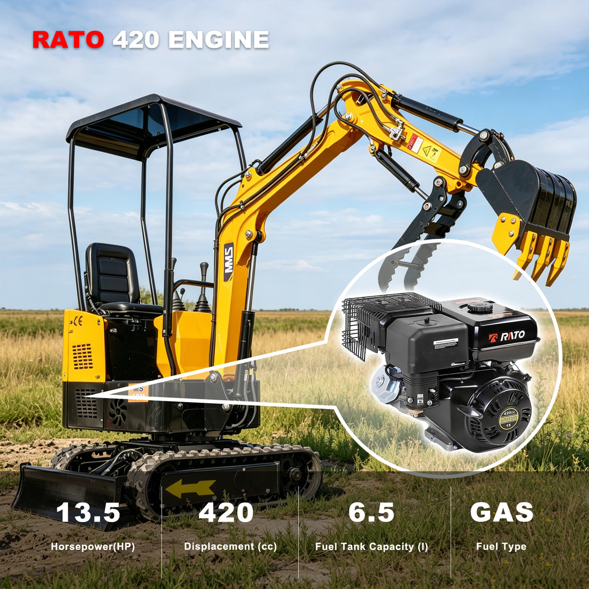 MMS 1 Ton Mini Excavator 13.5HP 420CC EPA GAS Engine, Hydraulic Thumb, Mini Trencher Digger Machine MS10H