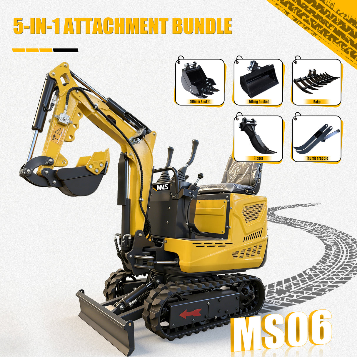 MMS 0.6 Ton Mini Excavator, 9.25HP 302cc Gasoline Engine Swing Boom Trencher Digger Machine, MS06 with Attachment Kit