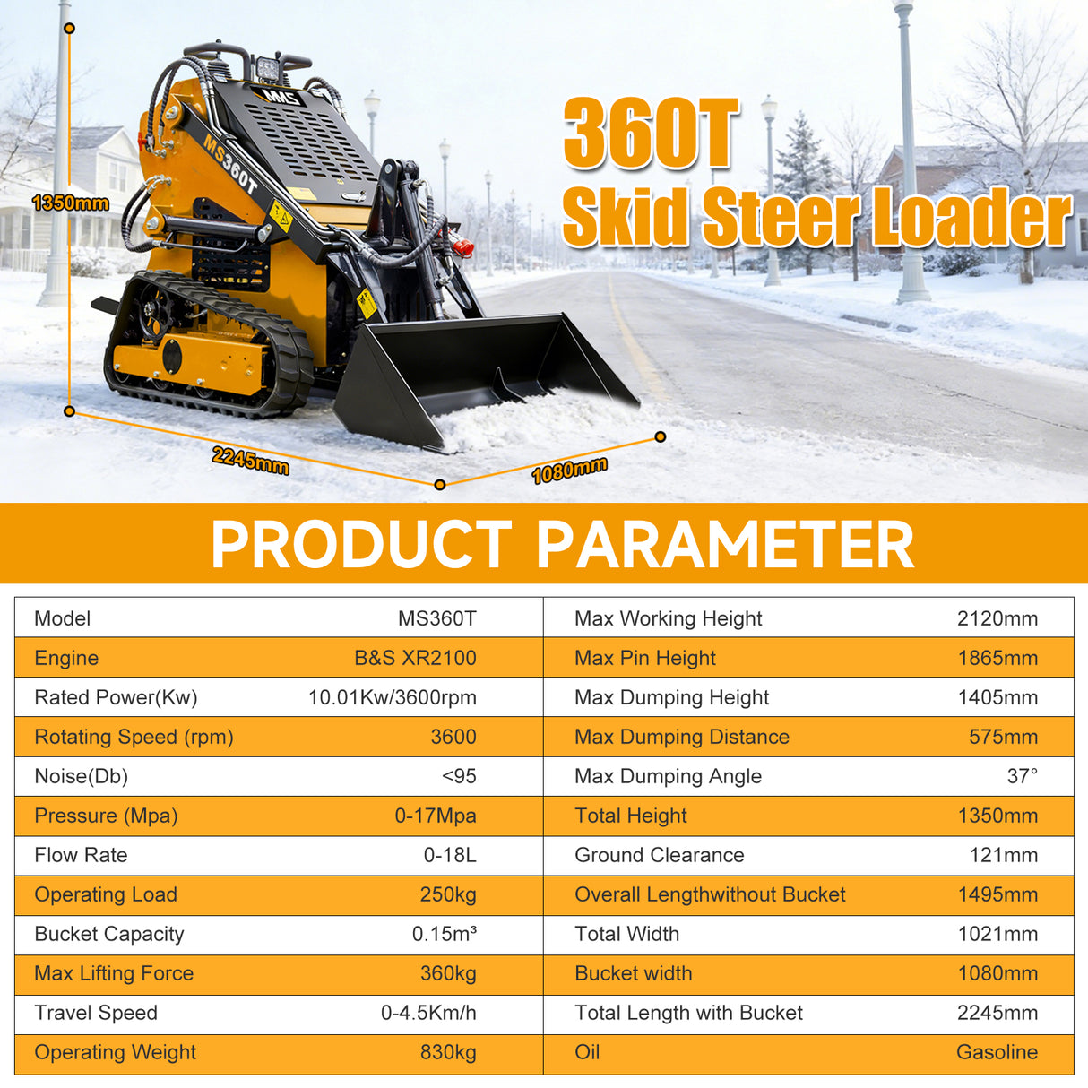 MMS Mini Skid Steer Loader MS360T, 13.5HP 420cc B&S GAS Engine Stand-on Crawler Loader, Foldable Pedals Track Loader