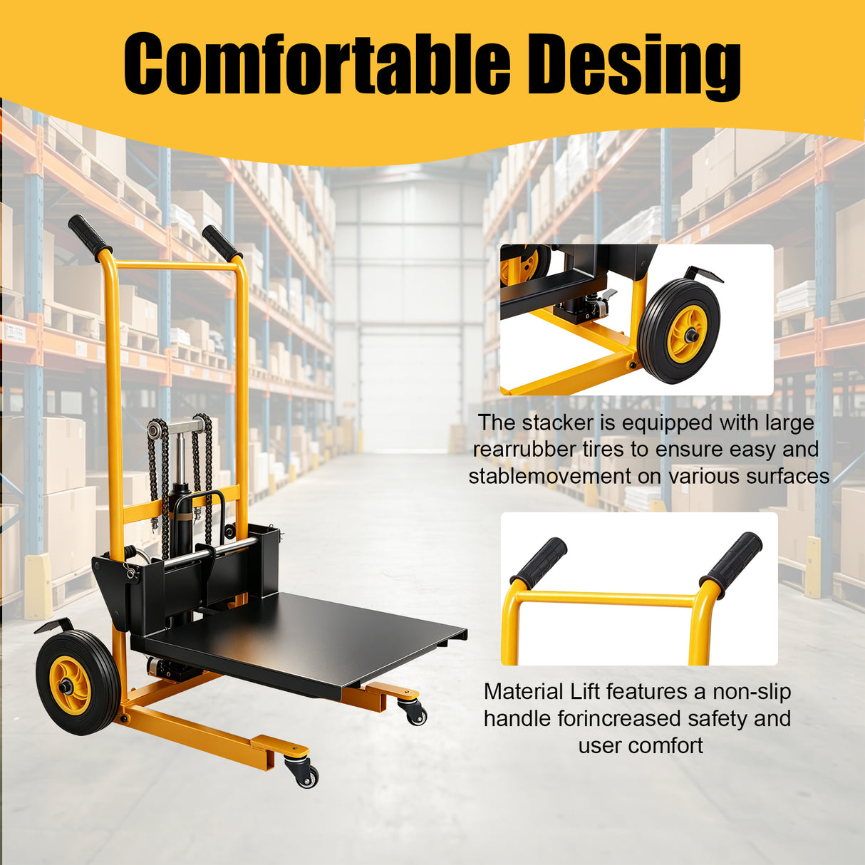 MMS 450 lbs Foldable Hydraulic Material Lift Winch Stacker Forks, Dual-Side Foot-Powered Assist, 35.8" Max Lift Height, Removable Platform, Pallet Truck Dolly, 360° Swivel Caste