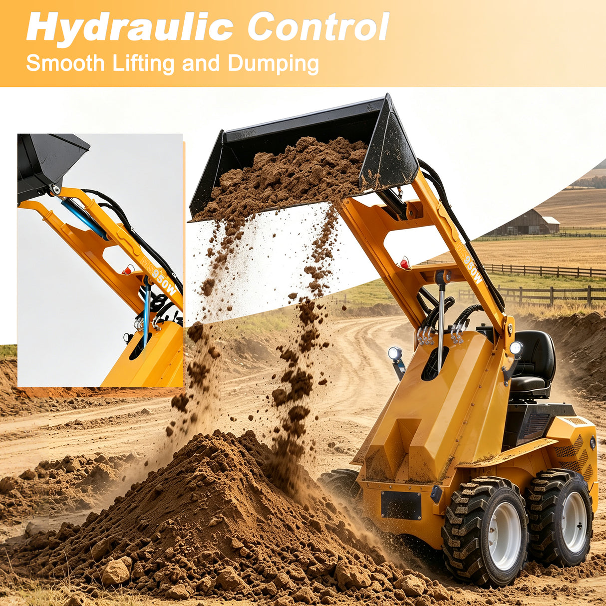 MMS Ride-on Mini Skid Steer Loader, 13.5HP 420CC RATO Gasoline Engine, MS950W Wheel Loader for Farms Landscaping
